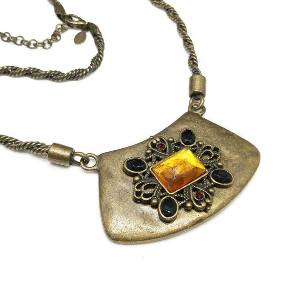 Chico’s Brass Tone Pendant Necklace Topaz Black Red Stones Boho Statement - Picture 7 of 8